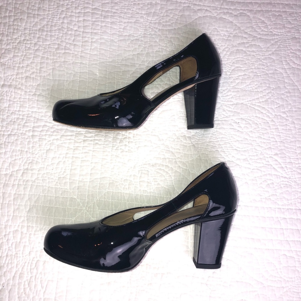 AUDLEY LONDON Patent Leather Covered platform cutout heel Sz 37.5 EUC Almond toe - Picture 4 of 11